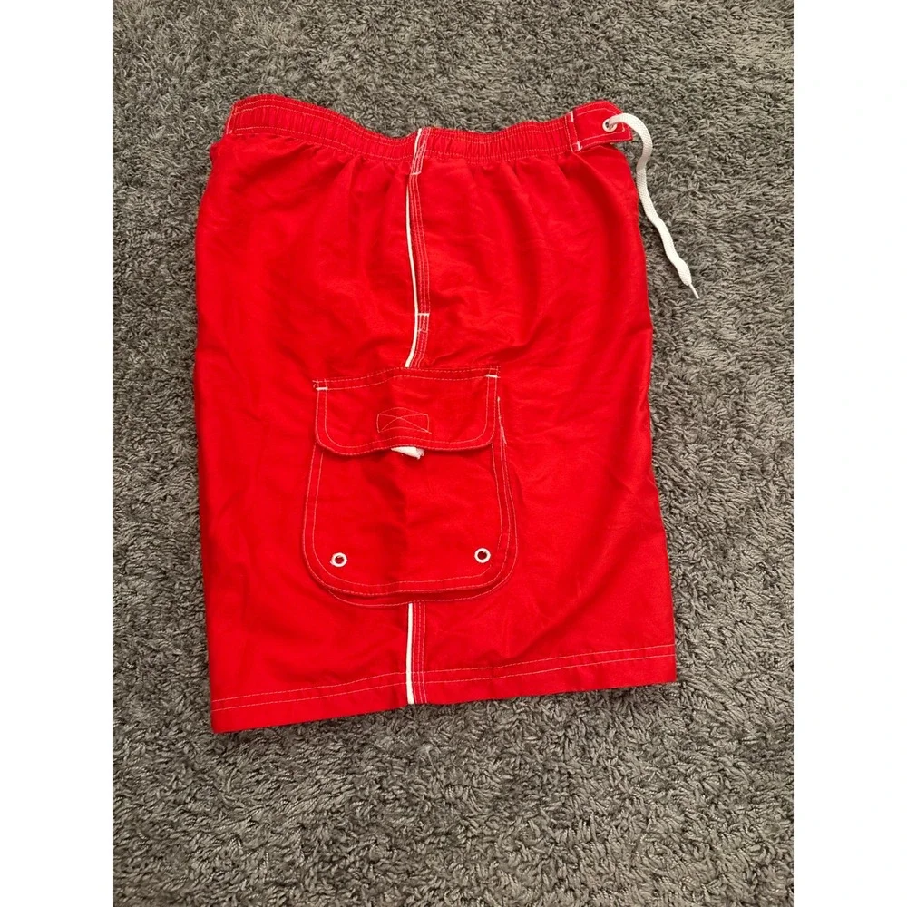 Doretex Mens Red Lifeguard Board Shorts Swim Trunks Guard Logo Cargo Pocket M